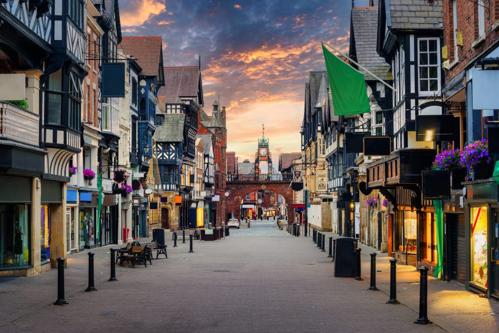 Historical Old town of Chester city, famous for its well preserved Tudor style half-timber houses, England, UK