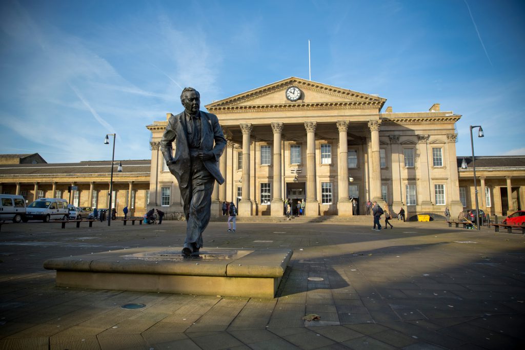 A statue of former Prime Minister and founder of the Open University, Harold Wilson. Labour Politician, situated outside Huddersfield Railway Station, the town of his birth, on 13th November 2013