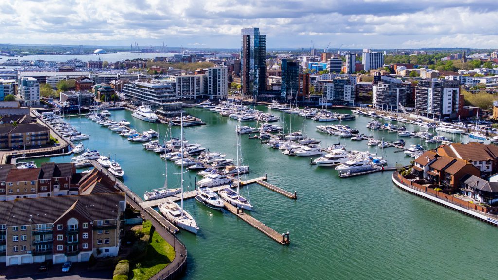 Ocean Village Marina is a redevelopped neighborhood of Southampton on the Channel coast in southern England, UK. It has a residential tower and a luxury hotel that mimics the shape of a cruise ship.